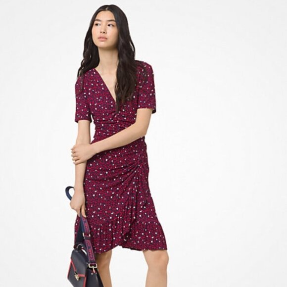 MICHAEL Michael Kors Heart-Print Ruched Matte-Jersey Dress - Picture 1 of 7